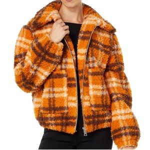 Apparis Plaid Orange and Brown Sherpa Jacket Medium